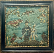 Fascinating Indian Queen raised work embroidery  with colonial theme, circa 1690